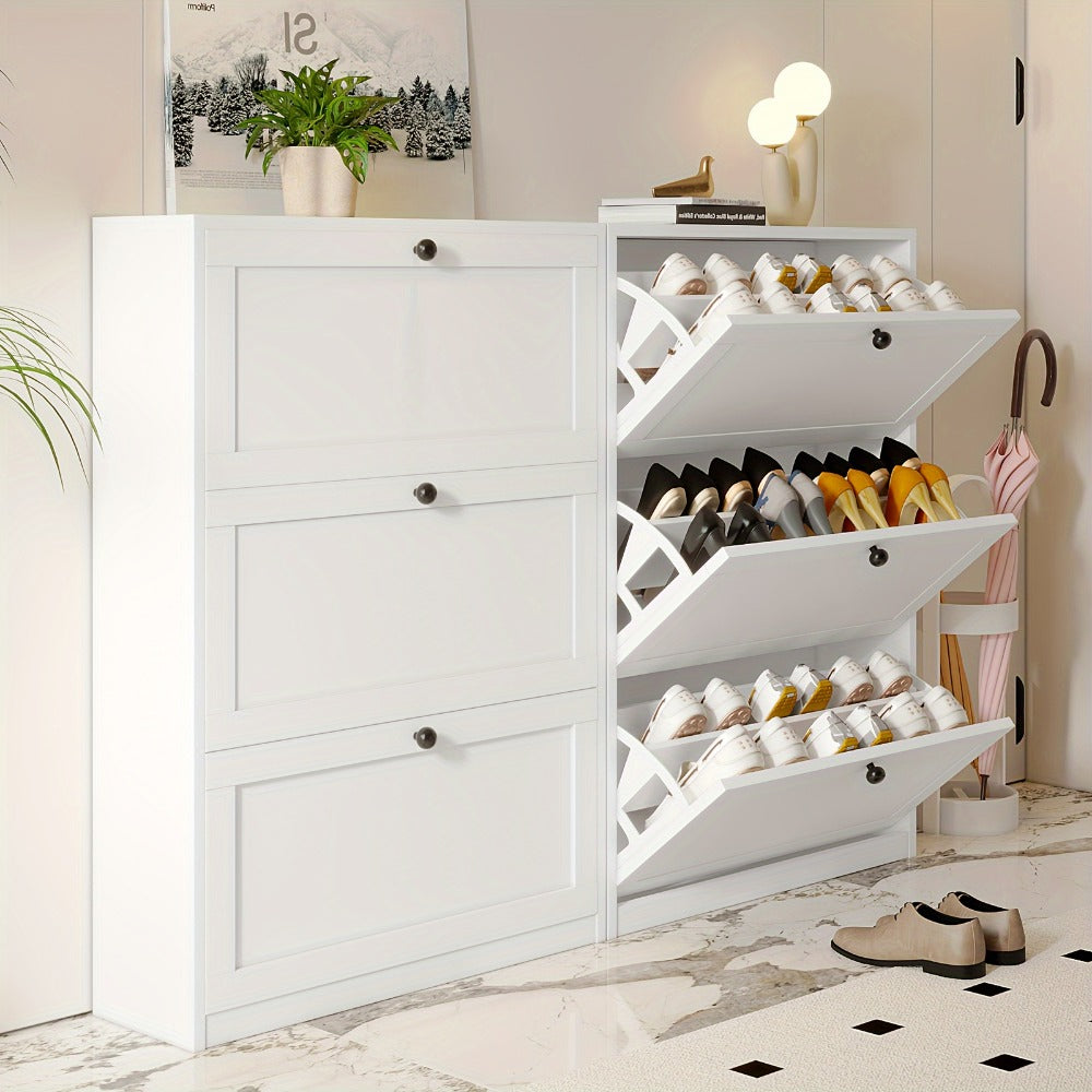 Shoe Cabinet with Flip Drawers & Adjustable Shelf | Narrow Entryway Shoe Storage Cabinet, Freestanding Hidden Shoe Organizer, 2 3 or 4 Drawer Options, White or Black, Space-Saving Hallway Furniture