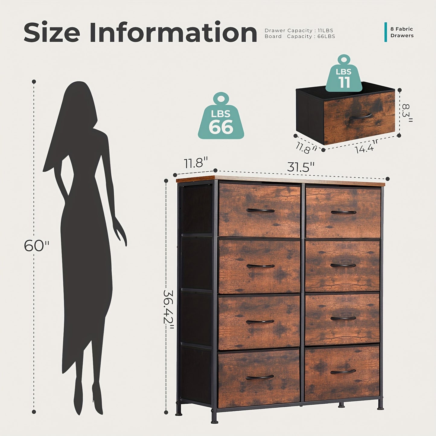 [8-Drawer Dresser] Dresser for Bedroom with 8 Drawers, Clothes Drawer Fabric Closet Organizer, Dresser with Metal Frame And Wood Tabletop, Chest Storage Tower for Bedroom, Living Room, Entryway