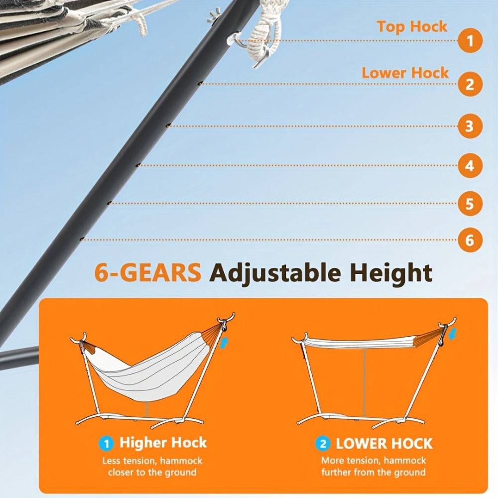 Adjustable Hammock Stand 440 LB Capacity – Heavy-Duty Portable Steel Frame with 6-Level Height Adjustment & Anti-Slip Feet for Camping, Garden, Patio, Backyard & Beach (Hammock Not Included)
