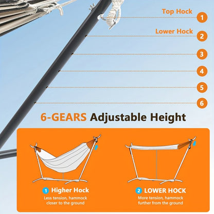 Adjustable Hammock Stand 440 LB Capacity – Heavy-Duty Portable Steel Frame with 6-Level Height Adjustment & Anti-Slip Feet for Camping, Garden, Patio, Backyard & Beach (Hammock Not Included)