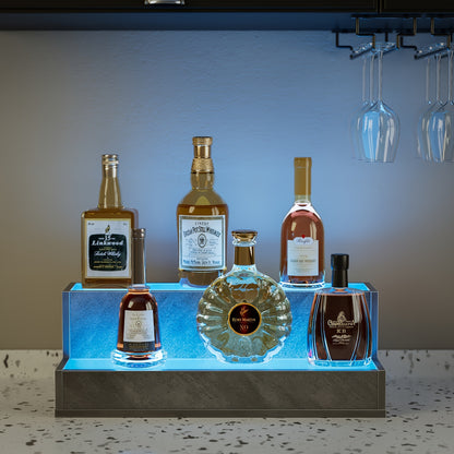 20" LED Lighted Liquor Bottle Display Shelf - 2-Tier Walnut Wood Freestanding Bar Shelving Unit with Warm Glow for Home, Party, and Bar Decor, Bar Lighting Decor | Elegant Display | LED Illuminated Shelf, Bar Accessories