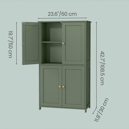 Tall Freestanding Storage Unit with Four Doors And Two Adjustable Shelves, Suitable for Organizing Kitchens, Bathrooms, And Living Rooms