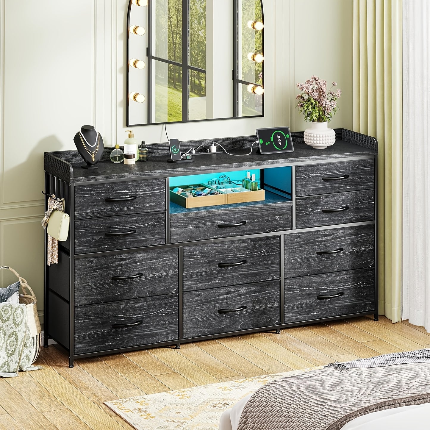 [Dresser TV Stand] Dresser TV Stand With 11 Drawers For 60" TV Stand For Bedroom With LED Lights & Power Outlets Long Dresser For Bedroom With Shelves & 4 Hooks Sturdy Metal Frame & Wood Top, White