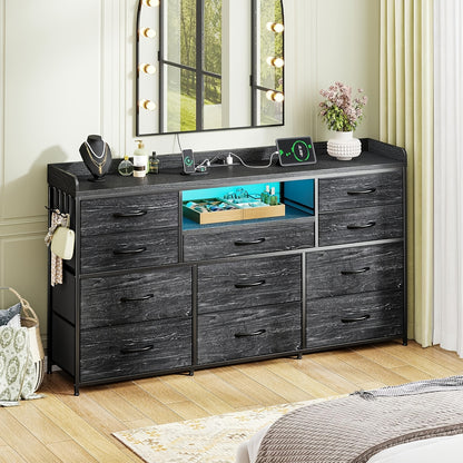 [Dresser TV Stand] Dresser TV Stand With 11 Drawers For 60" TV Stand For Bedroom With LED Lights & Power Outlets Long Dresser For Bedroom With Shelves & 4 Hooks Sturdy Metal Frame & Wood Top, White