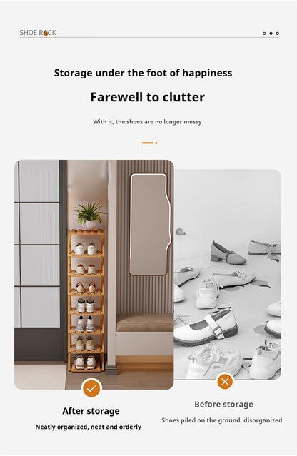 A Foldable Bamboo Shoe Rack, Crafted from High-quality Mountain Bamboo. Available in Multiple Tier Configurations. Sets up and Is Ready to Use Within 20 Seconds. Perfect for Small Spaces Near Home Entrances!