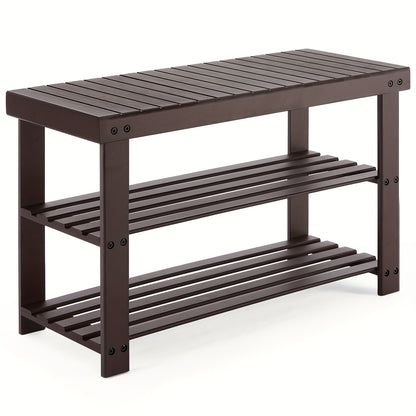 3-Tier Bamboo Shoe Rack Bench, Compact Storage Organizer, 286lb Capacity, Suitable For Entryway Bedroom Living Room Balcony, Brown, Wood, Brown And Black Color