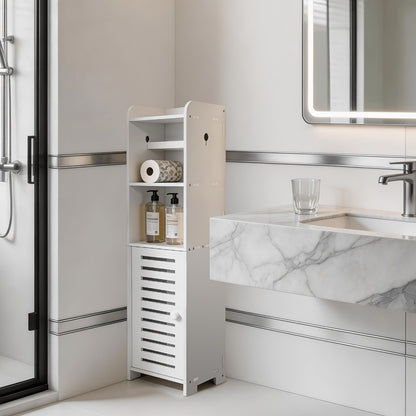 White Freestanding Bathroom Cabinet Multi-Tier Storage Shelf with Door, Moisture & Dust Proof Wood-Plastic Material for Small Spaces, Toilet Paper, Towels & Toiletries