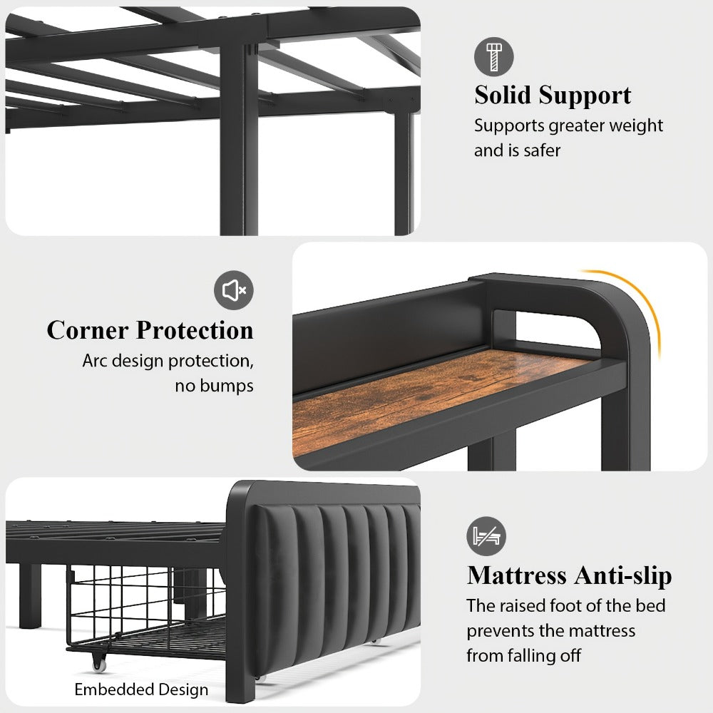 Storage Bed Frame with 2-Tier Headboard & Hidden Drawers – Metal Platform, 12" Under-Bed Space, Full/Queen, Black