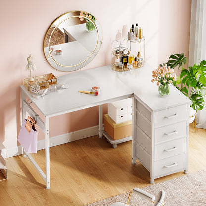 Reversible L Shaped Vanity Desk with 4 Drawers, Small White Computer Desk & Vanity Table with Storage, Study Desk with Hook, Corner Desk for Home Office