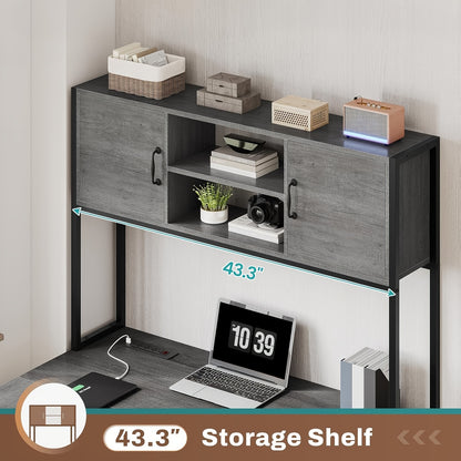 L-shaped Desk with Drawers, 62.2-inch Home Office Desk Featuring Fabric File Drawers and Power Outlets, L-shaped Desk with Storage Cabinet, Storage Shelf, LED Light