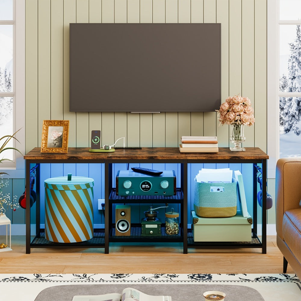 TV Stand with Charging Station and LED Lights, 55 Inch Entertainment Center with 4-Tier Open Storage Shelves, Living Room Bedroom Media Console Cabinet, Easy Assembly
