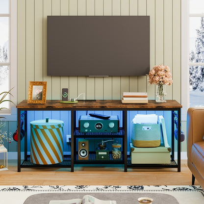 TV Stand with Charging Station and LED Lights, 55 Inch Entertainment Center with 4-Tier Open Storage Shelves, Living Room Bedroom Media Console Cabinet, Easy Assembly