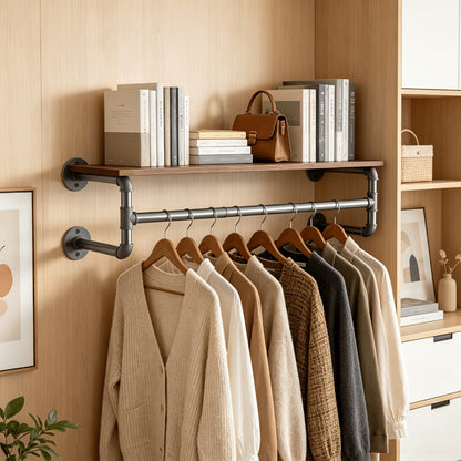 Wall Mounted Industrial Pipe Clothes Rack with Top Wood Shelf and 3 Hooks 66 Lb Capacity Heavy Duty Garment Rack for Bedroom Closet Entryway 39.3 Inch