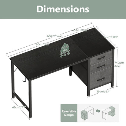 Computer Desk with 3 Fabric Drawers & Hook for Small Space – Home Office Writing Study Table with File Storage, 40"/48" White & Black Bedroom Desk