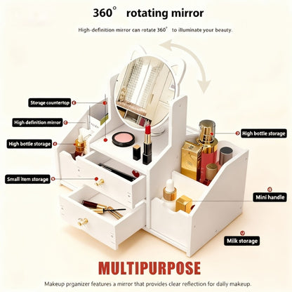 White Dressing Table with Rotating Makeup Mirror, Drawers & Shelves for Cosmetic Storage, Elegant Vanity Table for Bedroom Bathroom Living Room, Holiday Gift Idea