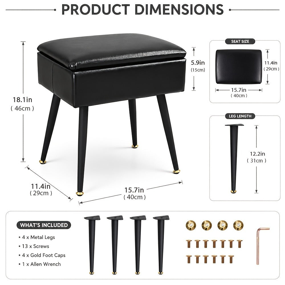 Vanity Stool with Storage Hidden Compartment Gold Metal Legs Upholstered Makeup Chair Shoe Bench Bedroom Accent 5 Colors Pink White Black Purple PU Leather