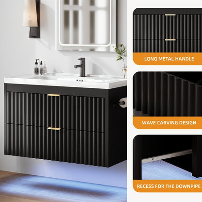 24 Inch Floating Bathroom Vanity with Sink & LED, Wall Mounted Cabinet with 3-Hole Ceramic Sink Wave Line Design 2 Soft-Close Drawers for Small Bathrooms Black White
