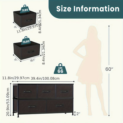Dresser for Bedroom with 5 Fabric Drawers, Tall Chest Organizer Units for Clothing, Closet, Living Room, Storage Tower with Cabinet, Metal Frame, Wooden Top, Lightweight Furniture, 39.4 X 11.8 X 20.9in