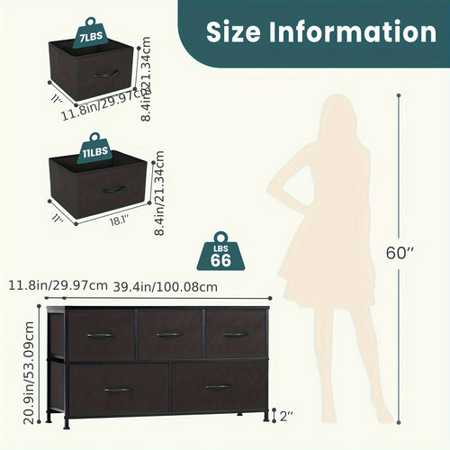 Dresser for Bedroom with 5 Fabric Drawers, Tall Chest Organizer Units for Clothing, Closet, Living Room, Storage Tower with Cabinet, Metal Frame, Wooden Top, Lightweight Furniture, 39.4 X 11.8 X 20.9in