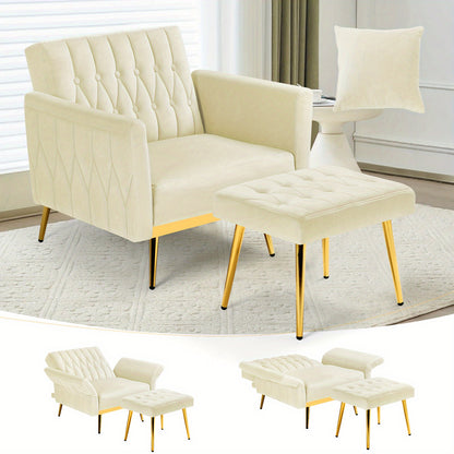 ACMEASE 31.5" Velvet Upholstered Single Chair with Adjustable Armrest And Back, Comfy Armchair with Movable Ottoman, Tufted Accent Chair with Soft Pillow for Living Room
