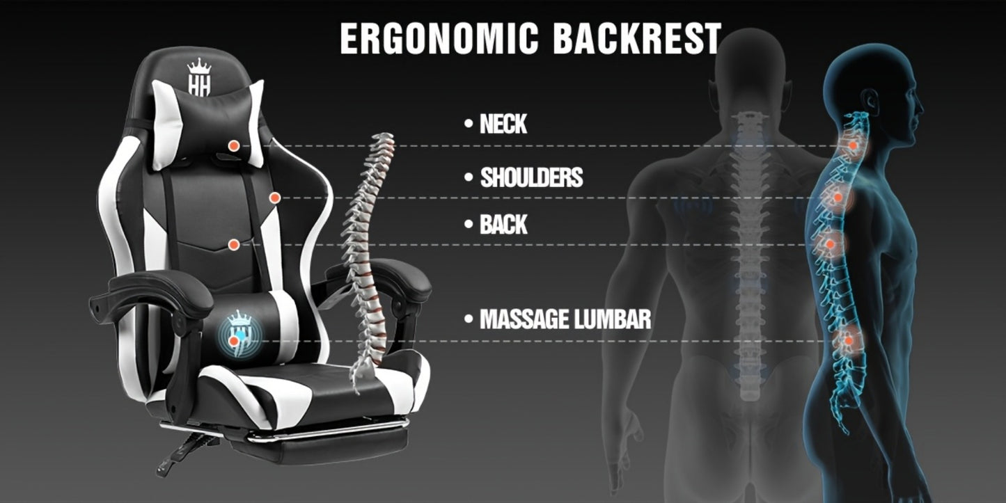 Gaming Chair with Footrest and Lumbar Support – Ergonomic Computer Chair with Swivel Seat, Adjustable Height, Headrest & Reclining Backrest for Home Office