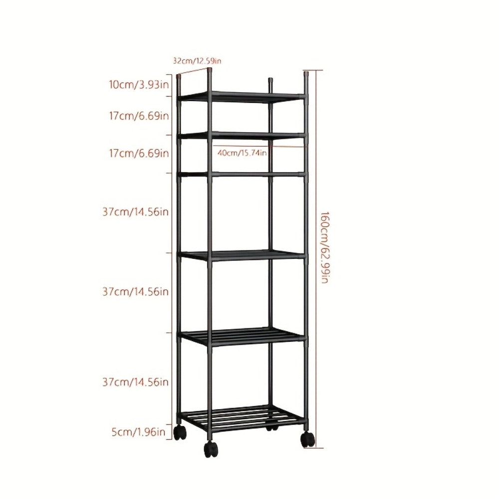 6-Tier Metal Rolling Cart with Hooks & Adjustable Shelves - Space-Saving Modular Utility Storage Organizer for Kitchen, Bathroom, Bedroom & Laundry Room