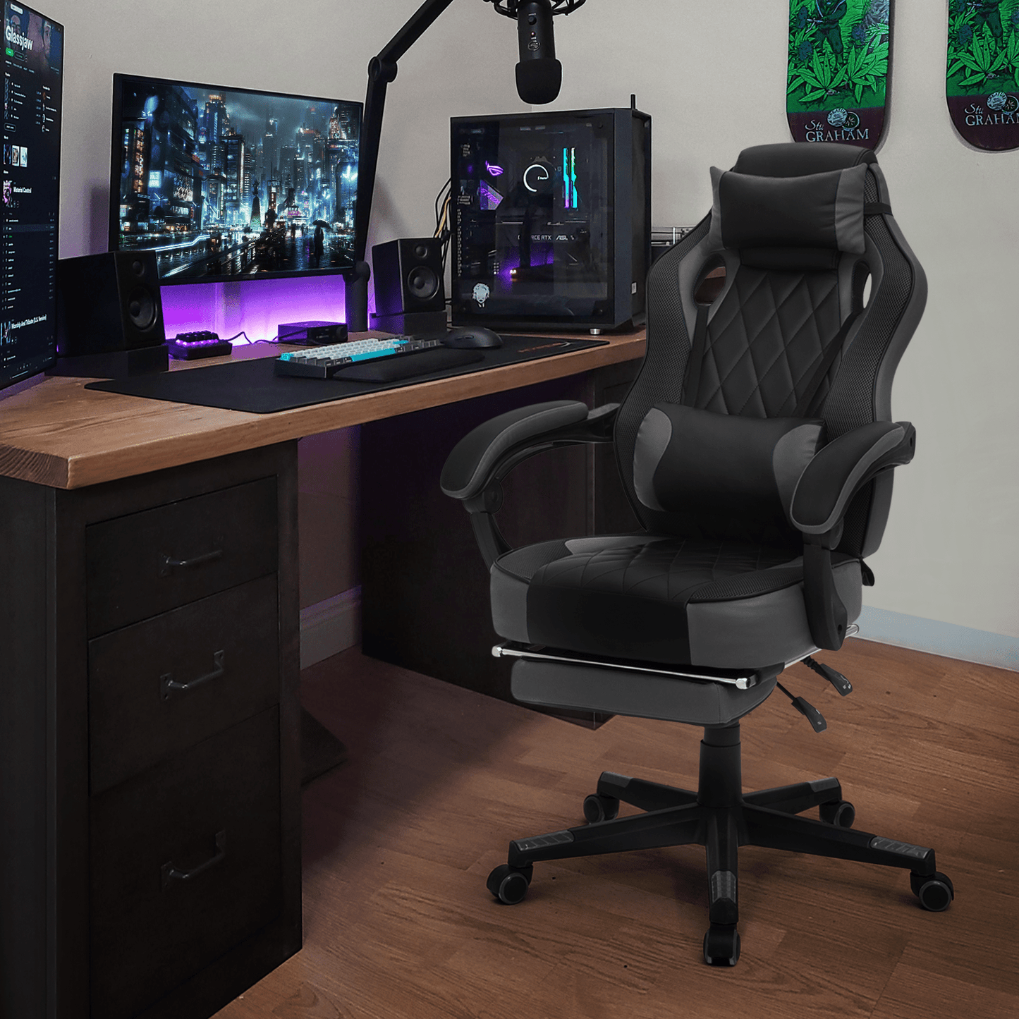 Ergonomic Gaming Chair with Retractable Footrest & Detachable Lumbar Support 360 Degree Swivel Racing Style PU Leather Computer Gaming Chair with Headrest for Home Bedroom Office