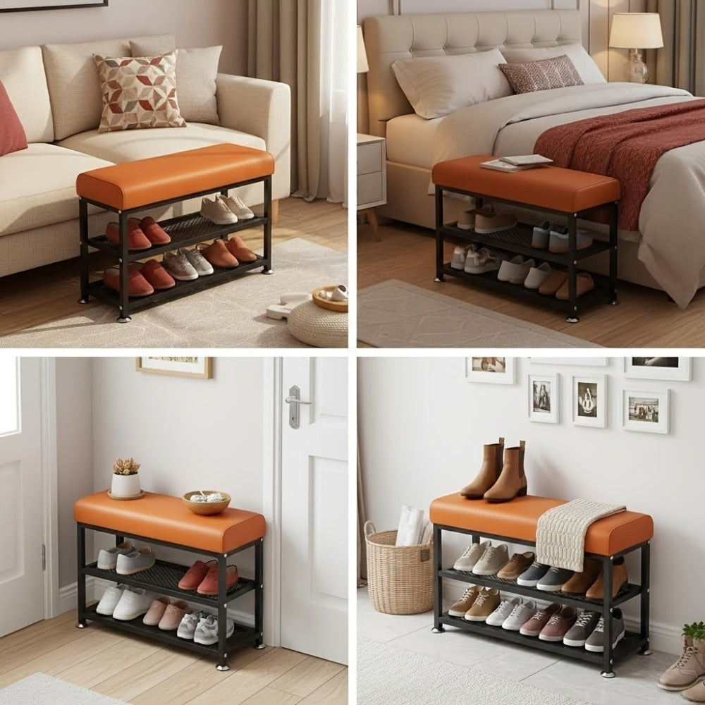Entryway Shoe Bench with Cushion and Storage Rack, Metal Frame Shoe Changing Stool with Multi-Compartment Organizer for Foyer Bedroom, 24 or 32 Inch, Grey Orange