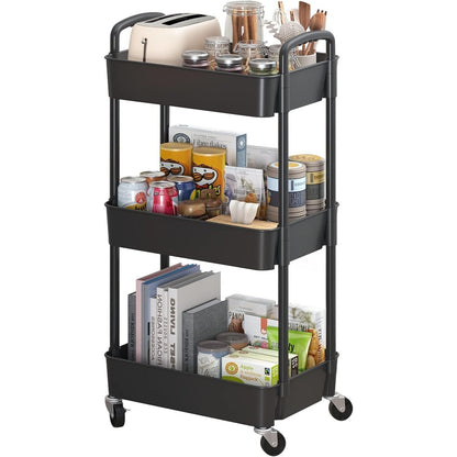3-Tier Plastic Rolling Utility Cart with Handle, Multi-Functional Storage Trolley for Office, Living Room, Kitchen, Movable Storage Organizer with Wheels