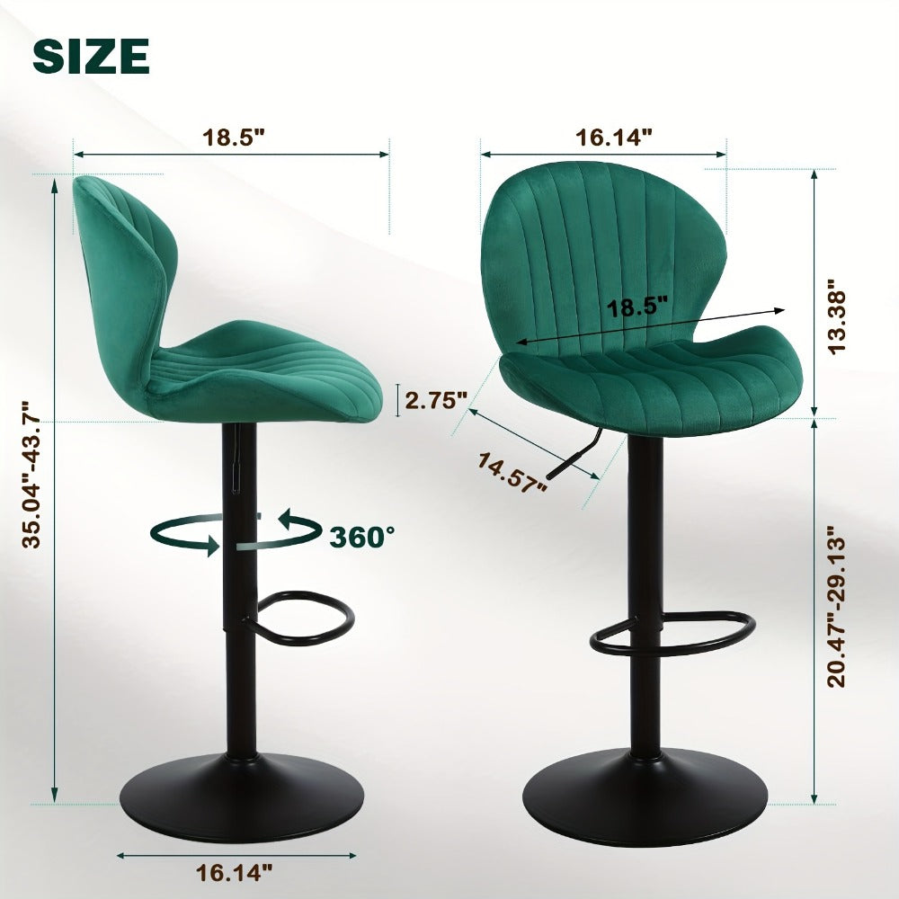 Velvet Bar Stools Set of 2 or 3 with Back & Footrest, Height Adjustable Swivel Counter Stools Shell Shape Kitchen Island Chairs 300 LBS, Green Blue Black Gray
