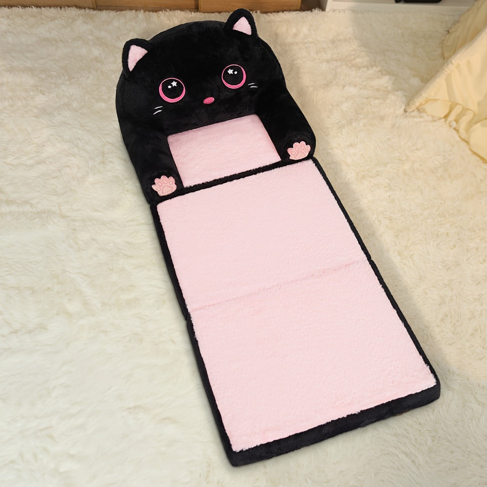 Kids Sofa 2-In-1 Foldable Velvet Memory Foam Chair Black Pink Cat Lounger for Reading Relaxing Playroom Furniture Girls Room Decor Cat Theme Bedroom
