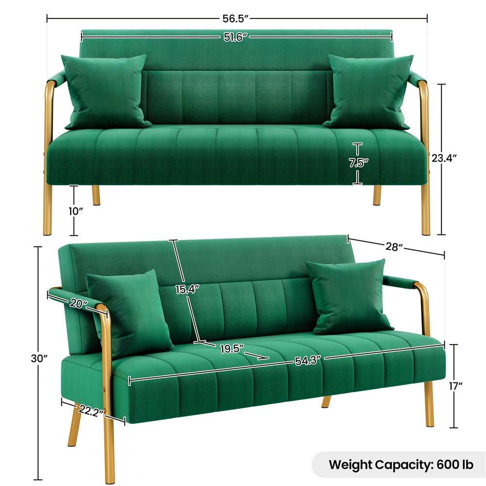 Costoffs Velvet Fabric Sofa Couch, 56.5″ W Modern Loveseat Couch with Gold-tone Metal Arms, Legs & 2 Pillows, Sofa for Living Room, Bedroom Furniture