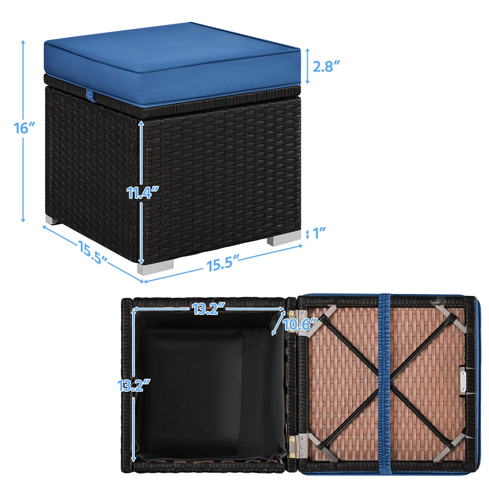 Costoffs 2pcs Rattan Ottomans with Hidden Storage & Removable Cushions, Outdoor Patio Furniture Ottoman Set, Versatile Resin Wicker Footstools, Side Tables, Additional Seating for Garden, Balcony, Deck, Khaki/Gray/Blue