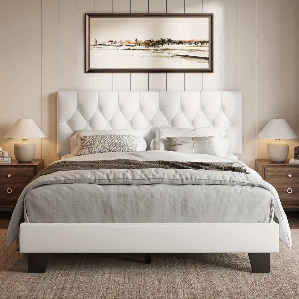Platform Bed Frame with 21 Inch Soft Padded Headboard Striped or Button Tufted Solid Wood Slats Art Legs Twin Full Queen Black Linen Dark Grey White Velvet