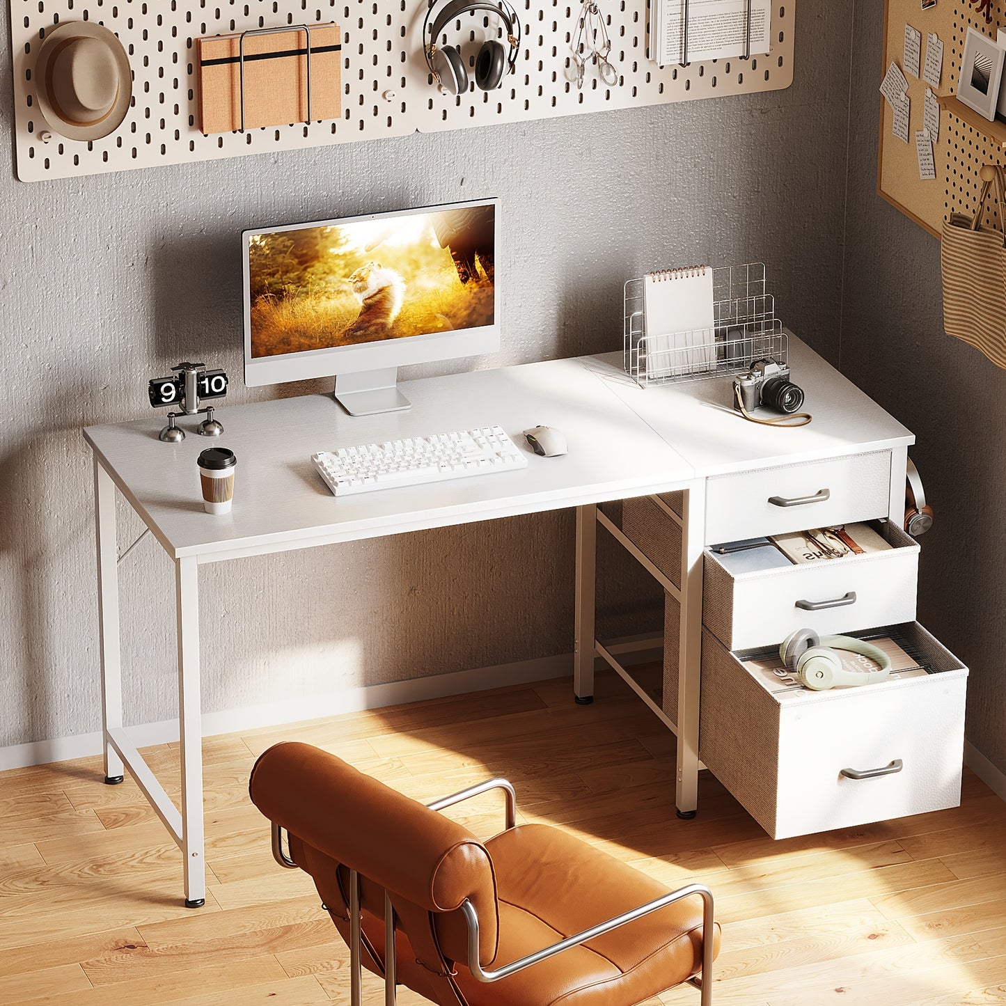 Home Office Computer Desk with 3 Fabric Drawers And File Cabinet, Writing Study Table with Storage Bag And Hook for Small Space, 40/48 Inch, White/Black/Vintage