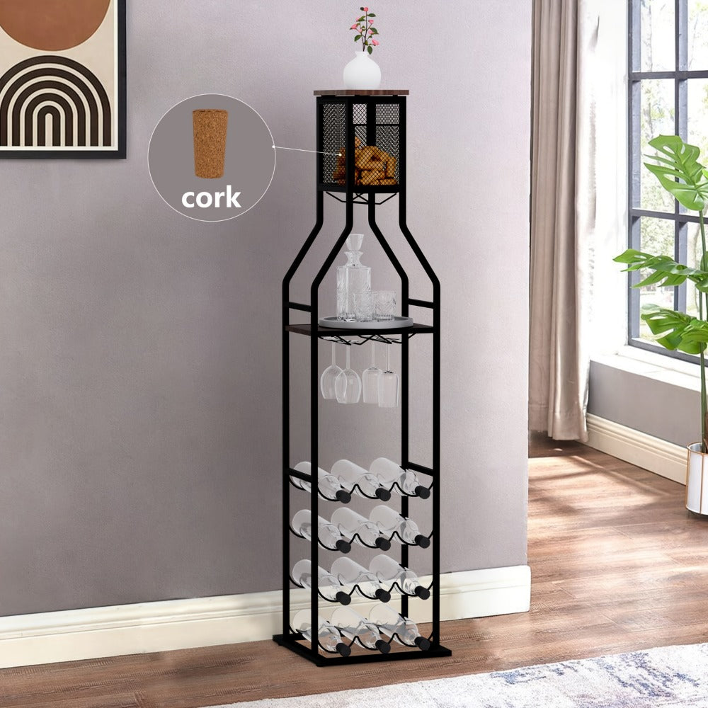 Wine Rack with Hanging Glass Holder & Storage Shelves - 5-Tier Freestanding Baker's Rack for Kitchen, Dining Room & Home Bar, Holds 11 Bottles