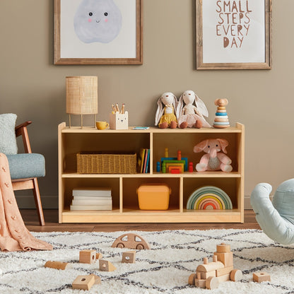 Large Wood Storage Organizer, 2-Shelf Wood Bookshelf, 5-Section Kids Bookshelf, Wooden Storage Cabinet for Classroom, Kids Bookcases And Toddler Shelf for Kids Room, Playroom, Nursery