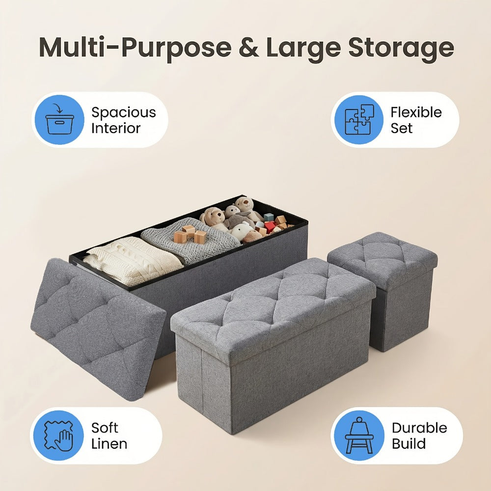 Folding Storage Ottoman Bench Multi-Purpose Heavy Duty Indoor Outdoor Seat, Easy-Clean Non-Porous Surface for Living Room Bedroom Patio Garden, 15 30 43 Inch Set Options Grey