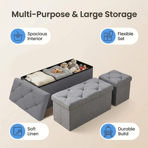Folding Storage Ottoman Bench Multi-Purpose Heavy Duty Indoor Outdoor Seat, Easy-Clean Non-Porous Surface for Living Room Bedroom Patio Garden, 15 30 43 Inch Set Options Grey