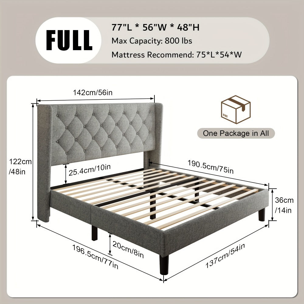 Modern Platform Bed Frame with 24-Inch Button-Tufted Headboard – Solid Wood Slats, Artistic Legs, Linen & Velvet, Dark Gray Light Grey Beige White Black, Full Queen King