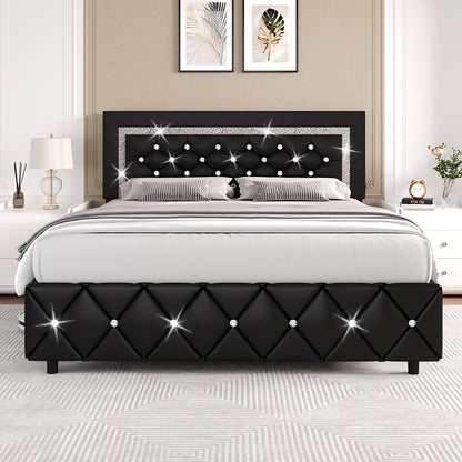 Upholstered Platform Bed Frame with Button-Tufted Diamond Headboard – Wooden Slats, No Box Spring Needed, Twin Full Queen King, Black White Pink Green Gray Beige