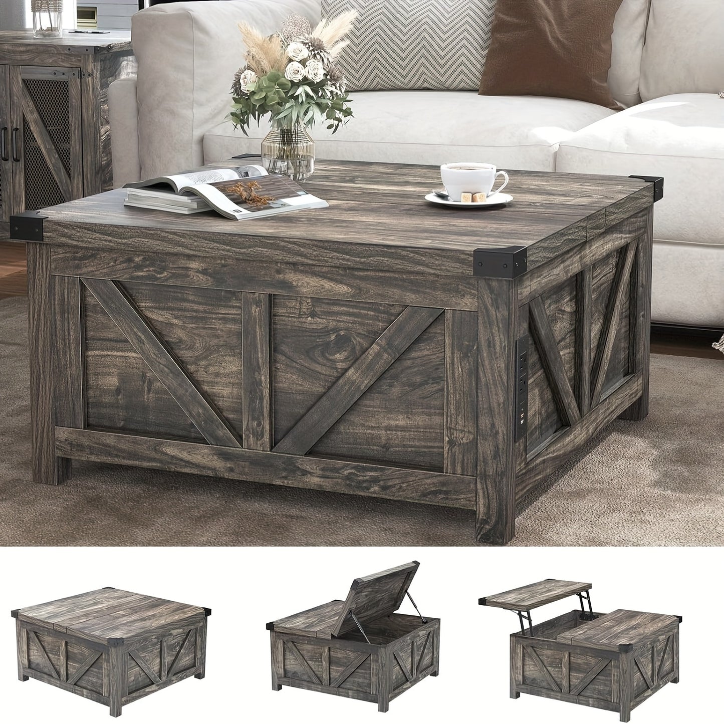 Farmhouse Lift Top Coffee Table with Storage, Wood Square Center Table with Charging Station&USB Ports, Living Room Central Table W/Large Hidden Space, for Living Room, Bedroom, Home Office