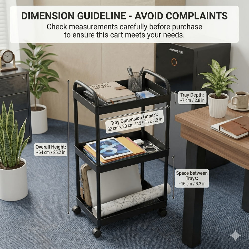 3-Tier Rolling Storage Cart with 360° Swivel Wheels – White Mobile Utility Cart Organizer for Home, Office & Kitchen, 3 Layer Plastic Cart for Books, Snacks & Supplies