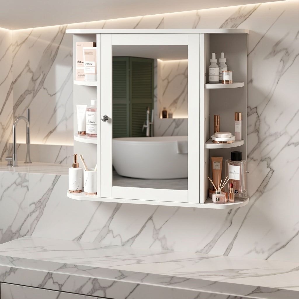 Wall-Mounted Bathroom Mirror Cabinet Featuring a Medicine Cabinet with Six Side-Opening Shelves, Finished in White