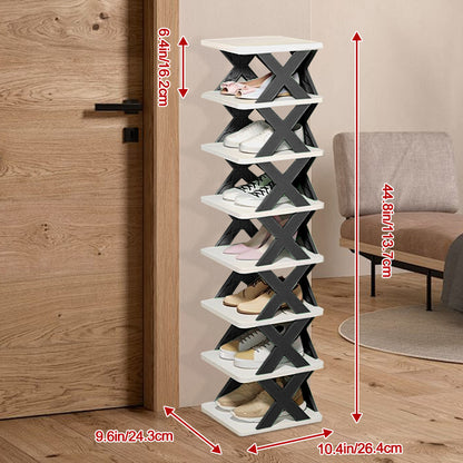 6/9 Tier Narrow Shoe Rack Give Away Shoehorns, Small Vertical Shoe Stand, Space Saving DIY Free Standing Shoes Storage Organizer for Entryway, Closet, Hallway, Easy Assembly and Stable in Structure, White and Green / Black / Blue