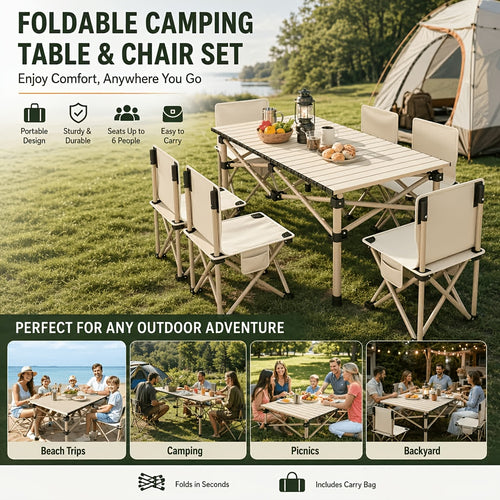 Portable Foldable Camping Table, 4-6 Person Metal Outdoor Picnic Table with Storage Bag, Adjustable Height, Lightweight, Suitable for Backyard, Beach, Picnics, BBQ, Indoor And Outdoor Use