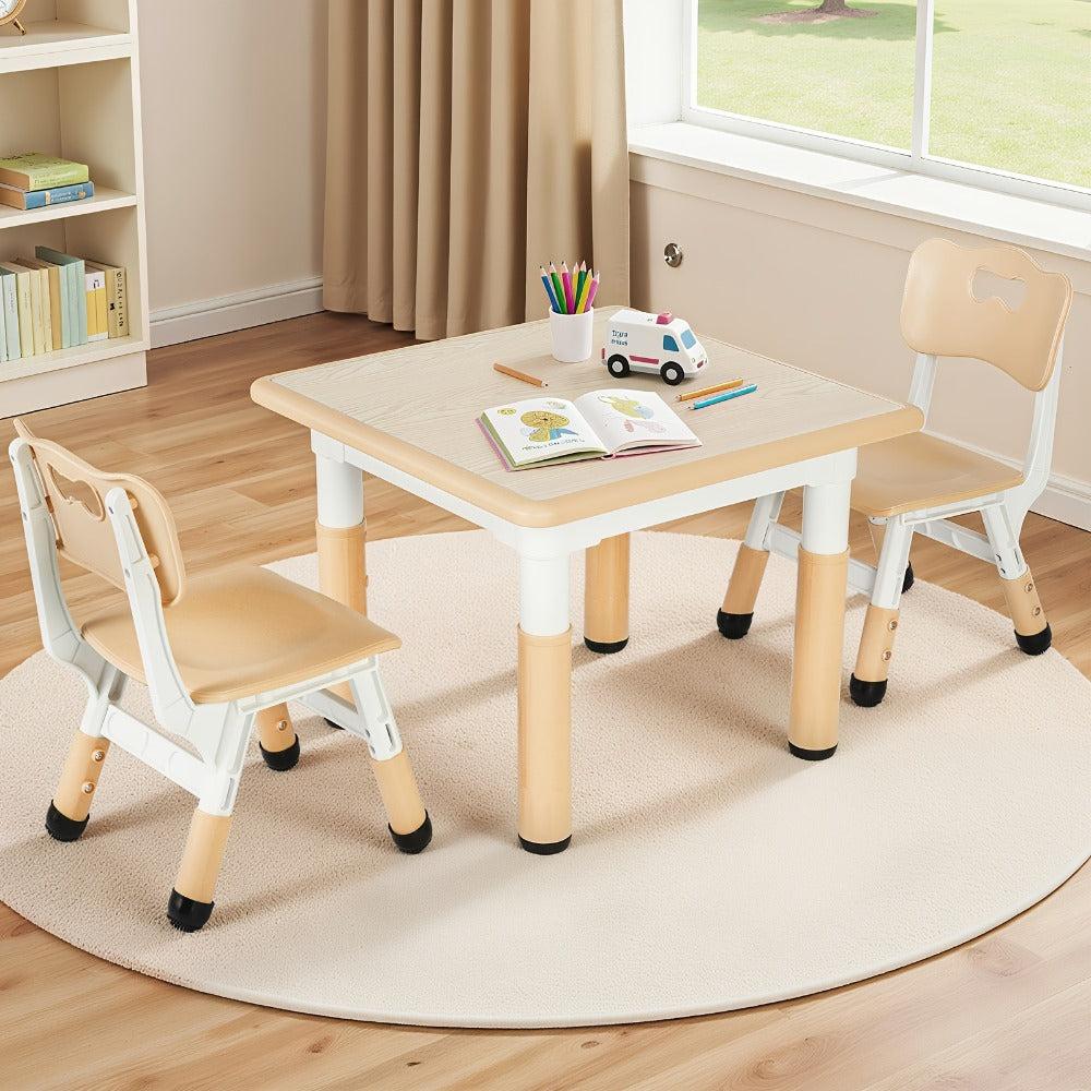 LIFERUN Adjustable Height Kids Table and Chair Set with Non-Slip Legs & Easy-Clean Surface - 23.6" Long x 23.6" Wide, Beige Plastic Construction, Daycare, Home - Ideal For Boys & Girls, Kids Table And Chairs, Height Adjustable Table And Chair Set