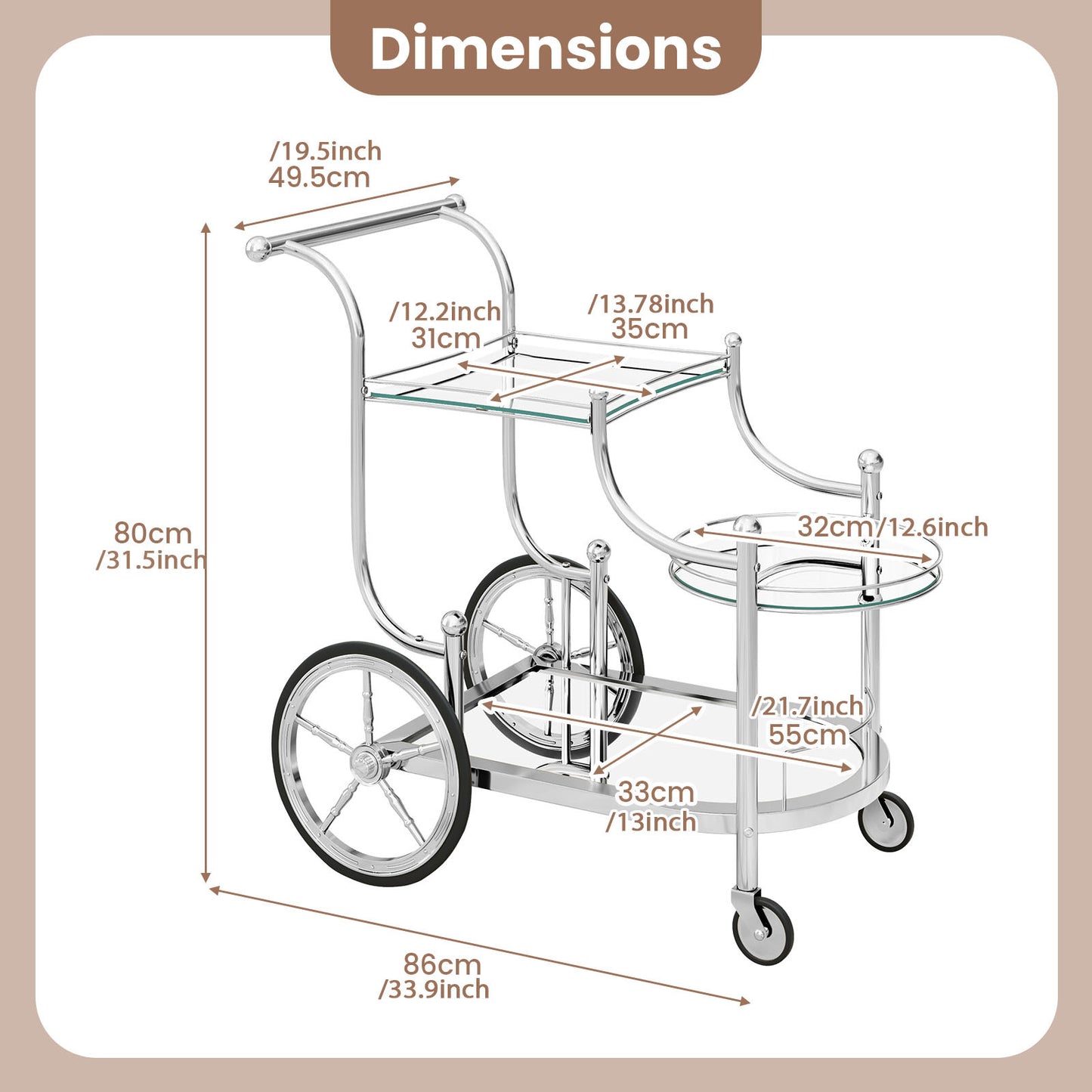 3-Tier Rolling Bar Cart, Mobile Serving Cart with Mirrored Glass Shelves & Wheels, Home Bar Beverage & Wine Cart for Dining Room, Living Room, Kitchen, Silvery, Bar Cart with Wheels, Home Entertaining, Party Serving Cart, Vintage Bar Cart