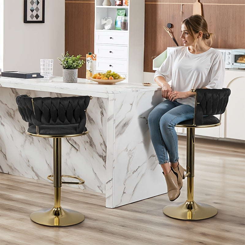 2pcs/4pcs Modern Swivel Woven Velvet Bar Stools, Stool, 360° Swivel Adjustable Height Bar Stool with Backs Golden Metal Tall Bar Stools Counter Height for Kitchen Island, for Christmas, Festival, New Year'S Gift