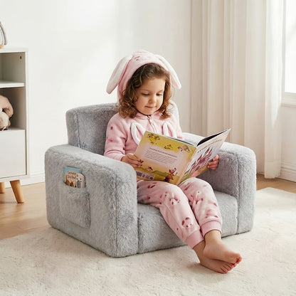 Kids Sofa 2-in-1 Convertible to Recliner Chair - Soft Plush Gray/Pink/White Youngsters Lounge Chair with Storage Pocket, Cozy Folding Playroom Furniture for Boys And Girls, Youngsters Playroom Furniture Pocketed Armrests | Velvet Upholstery, Chair